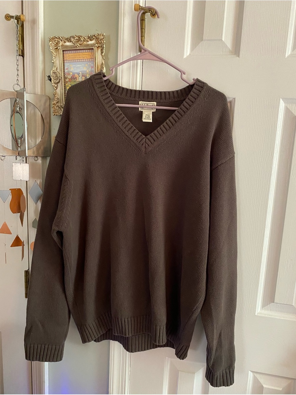 LL Bean Mens V-Neck Sweater Large Cotton VTG Olive/Brown Pullover Grandpacore